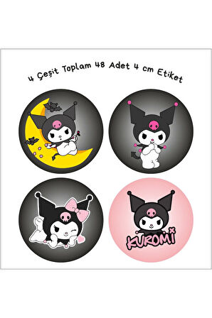 Kuromi Etiket 4 Çeşit Toplam 48 Adet 4cm - Kişiselleştirilebilir - Organizasyon için uygundur.