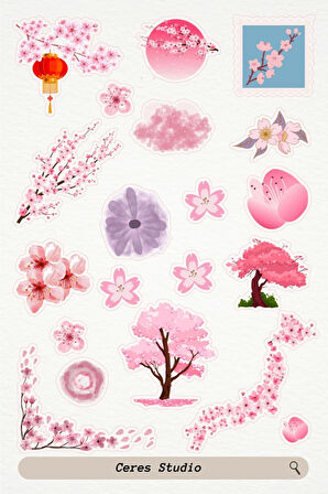 Sakura Pembe Tema Sticker Etiket 4 Sayfa 87 Adet Etiket - Pembe