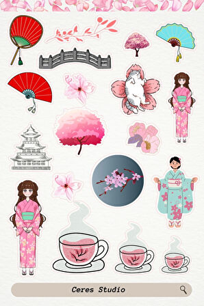 Sakura Pembe Tema Sticker Etiket 4 Sayfa 87 Adet Etiket - Pembe