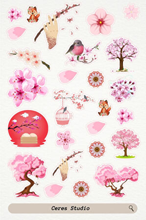 Sakura Pembe Tema Sticker Etiket 4 Sayfa 87 Adet Etiket - Pembe