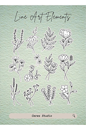 Lineart Elements Flower Çiçek Tema Sticker Etiket 2 Sayfa 35 Adet Etiket