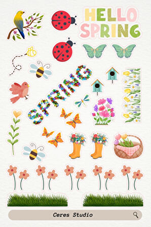 Hello Spring Merhaba Ilkbahar Tema Sticker Etiket 2 Sayfa (13X19CM) 72 Adet Etiket