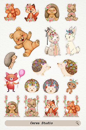 Vintage Animal Figürleri Nostalji Hayvan Tema Sticker Etiket 2 Sayfa 36 Adet Etiket