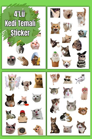 Komik Kediler 4' Lü Set, Sticker, Etiket, Ajanda, Günlük, Planlayıcı, Scrapbook,Laptop,Matara