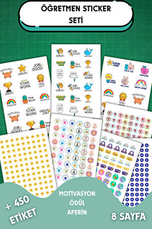 8 Sayfa Öğretmen Sticker Seti Öğrenci/ Ödül/ Ödev Stickerı/Motivasyon/450 den Fazla Etiket