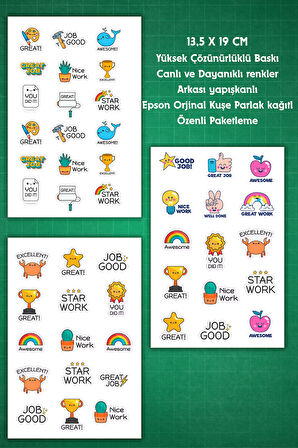 8 Sayfa Öğretmen Sticker Seti Öğrenci/ Ödül/ Ödev Stickerı/Motivasyon/450 den Fazla Etiket