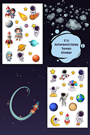 2 Sayfa Uzay Sticker, Gezegen - Astronot - Yıldız - Meteor - Uzaylı Etiket