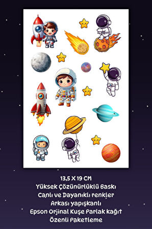 2 Sayfa Uzay Sticker, Gezegen - Astronot - Yıldız - Meteor - Uzaylı Etiket