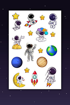 2 Sayfa Uzay Sticker, Gezegen - Astronot - Yıldız - Meteor - Uzaylı Etiket