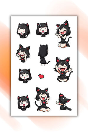 2 Li Kedi Kız Sticker Set /Anime/Laptop/Telefon/Defter/Ajanda/Hediye/Süsleme/Bullet Journal