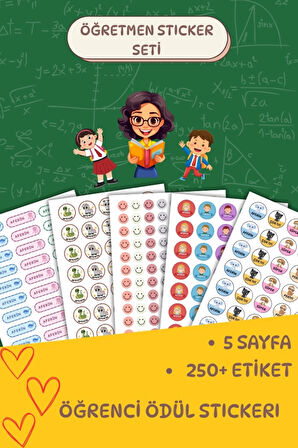 5 Sayfa Öğretmen Sticker Seti Öğrenci/ Ödül/ Ödev Stickerı/Yaklaşık A5 Boyutu
