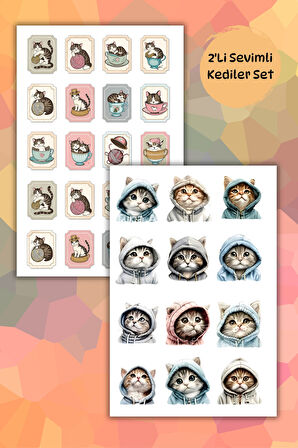 2'li Sevimli Kediler Sticker Seti - Planner Ajanda Bullet Journal Laptop Telefon Için Etiket