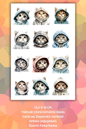 2'li Sevimli Kediler Sticker Seti - Planner Ajanda Bullet Journal Laptop Telefon Için Etiket