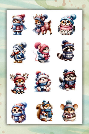 Sevimli Hayvanlar Kış Temalı Sticker Etiket Bullet Journal/Telefon/Tablet