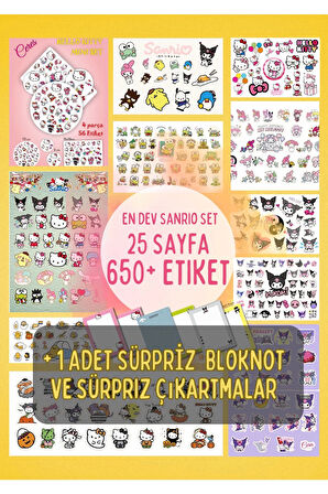 En Dev Sanrio Sticker Set Hello Kitty Kuromi 25 Syf 650+ Etiket + 1 Bloknot (bullet Journal)