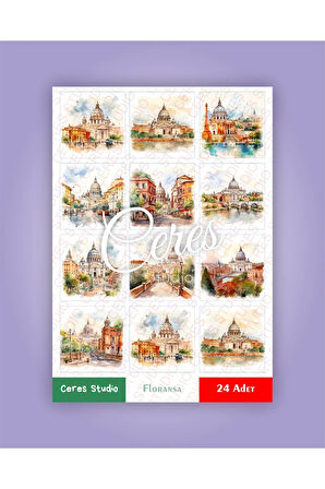 İtalya Floransa Tema Sticker Set Italy - Florance 2 Sayfa 24 Adet Etiket Planlayıcı Bullet Journal