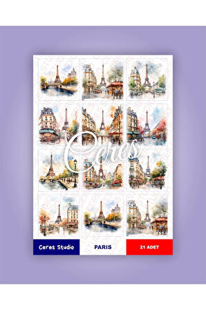 Fransa Paris Eyfel Tema Sticker Set France Eiffel 2 Sayfa 21 Adet Etiket Planlayıcı Bullet Journal