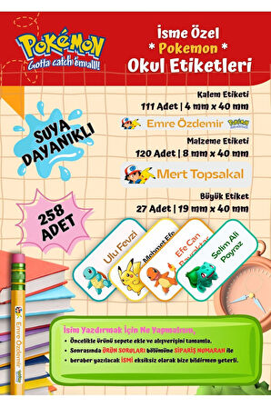 POKEMON Okul Etiketi Defter Etiketi Kalem Etiketi Kişiye Özel Suya Dayanıklı İsim Yazılabilien