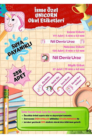 Unicorn Okul Etiketi Defter Etiketi Kalem Etiketi Kişiye Özel Suya Dayanıklı İsim Yazılabilien