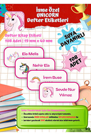 Unicorn Okul Etiketi Defter Etiketi Kitap Etiketi Kişiye Özel Suya Dayanıklı İsim Yazılabilien