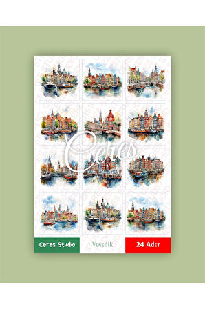 İtalya Venedik Temalı Sticker Set Italy - Venezia 2 Sayfa 24 Adet Etiket Planlayıcı Bullet Journal