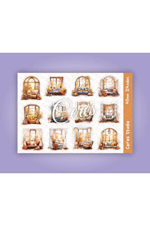 Vintage Pencere İç Mekan Sonbahar Tema Sticker Set 2 Sayfa 24 Adet Etiket Planlayıcı Bullet Journal