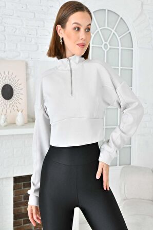 Balıkçı Yaka Fermuarlı Gri Kadın Crop Sweatshırt