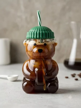 Premium Cam Barista Soğuk İçecek Bardağı Ayıcıklı Bardak 550 ml