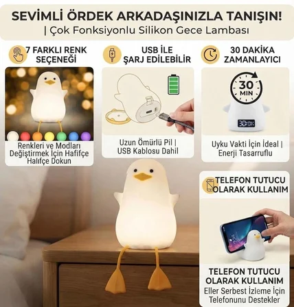 Renkli USB Şarj Edilebilir Ördek Gece Lambası, Silikon, Hediyelik Eşya, Çocuk Gece Lambası