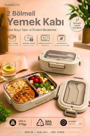 2 Bölmeli Paslanmaz Çelik Yemek Kabı – Sızdırmaz Kapaklı, Taşınabilir Beslenme Kabı