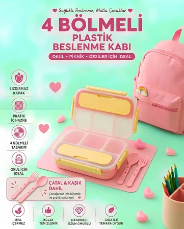 Sızdırmaz Kapaklı, Çatal ve Kaşıklı 4 Bölmeli Çocuk Beslenme Kabı / Beslenme Kutusu