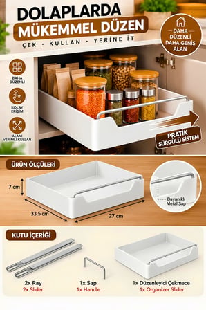 Çok Amaçlı Raylı Dolap İçi Çekmece Organizer Sürgülü Mutfak Banyo Kiler Düzenleyici Organizer 1 Adet