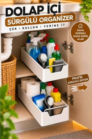Çok Amaçlı Raylı Dolap İçi Çekmece Organizer Sürgülü Mutfak Banyo Kiler Düzenleyici Organizer 1 Adet
