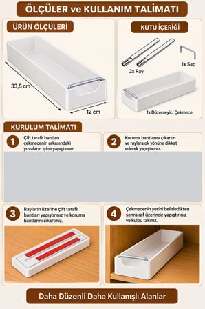 Çok Amaçlı Raylı Dolap İçi Çekmece Organizer Sürgülü Mutfak Banyo Kiler Düzenleyici Organizer 1 Adet