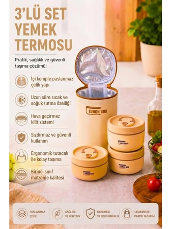 Paslanmaz Çelik Yemek Termosu 3'lü Set 304 Çelik - Termal Çantalı