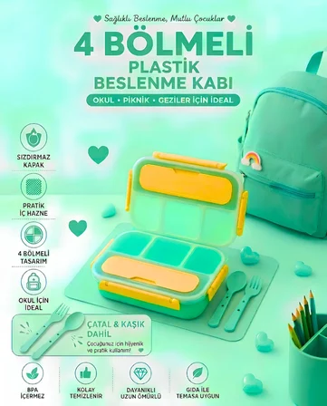 Sızdırmaz Kapaklı, Çatal ve Kaşıklı 4 Bölmeli Çocuk Beslenme Kabı / Beslenme Kutusu