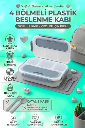 Sızdırmaz Kapaklı, Çatal ve Kaşıklı 4 Bölmeli Çocuk Beslenme Kabı / Beslenme Kutusu