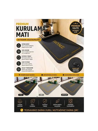 Bulaşık Kurutma Örtüsü Siyah Tezgah Üstü Bulaşık Matı Süper Emici Bulaşıklık