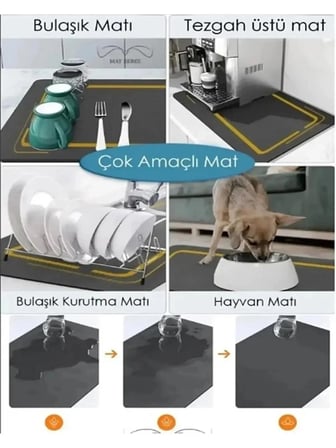 Bulaşık Kurutma Örtüsü Siyah Tezgah Üstü Bulaşık Matı Süper Emici Bulaşıklık