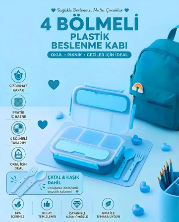 Sızdırmaz Kapaklı, Çatal ve Kaşıklı 4 Bölmeli Çocuk Beslenme Kabı / Beslenme Kutusu