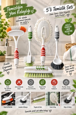 5'li Fırça Seti - Banyo, Bulaşık, Lavabo, Toz Alma ve Halı, Yer Fırçası - Tek Set ile Tüm İşler