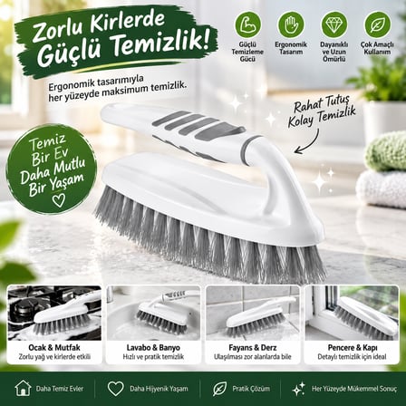 5'li Fırça Seti - Banyo, Bulaşık, Lavabo, Toz Alma ve Halı, Yer Fırçası - Tek Set ile Tüm İşler