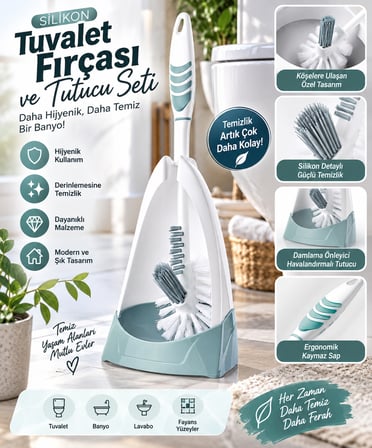 Dekoratif Silikon Tuvalet Fırçası Seti – Kaymaz Saplı, Leke Tutmayan Pratik Banyo Temizleyici