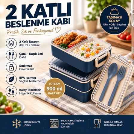 2 Katlı Bölmeli Sefer Tası / Beslenme Kabı (900ml) - Kaşık Çatal Setli, Sızdırmaz ve BPA İçermez