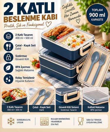 2 Katlı Bölmeli Sefer Tası / Beslenme Kabı (900ml) - Kaşık Çatal Setli, Sızdırmaz ve BPA İçermez