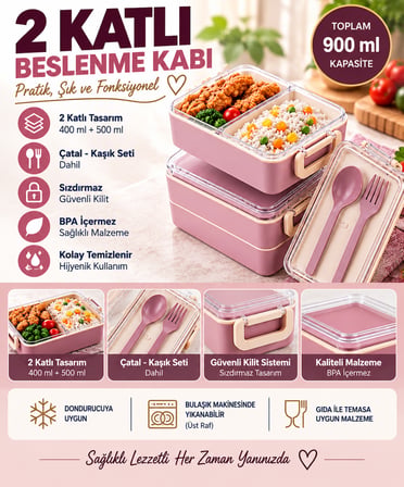 2 Katlı Bölmeli Sefer Tası / Beslenme Kabı (900ml) - Kaşık Çatal Setli, Sızdırmaz ve BPA İçermez