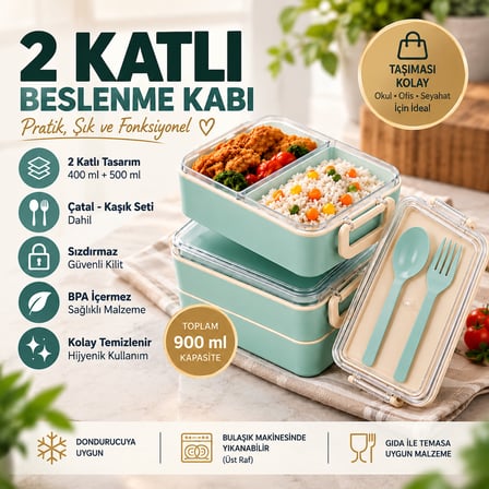 2 Katlı Bölmeli Sefer Tası / Beslenme Kabı (900ml) - Kaşık Çatal Setli, Sızdırmaz ve BPA İçermez