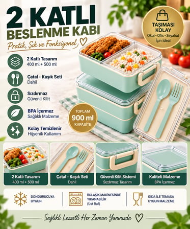 2 Katlı Bölmeli Sefer Tası / Beslenme Kabı (900ml) - Kaşık Çatal Setli, Sızdırmaz ve BPA İçermez
