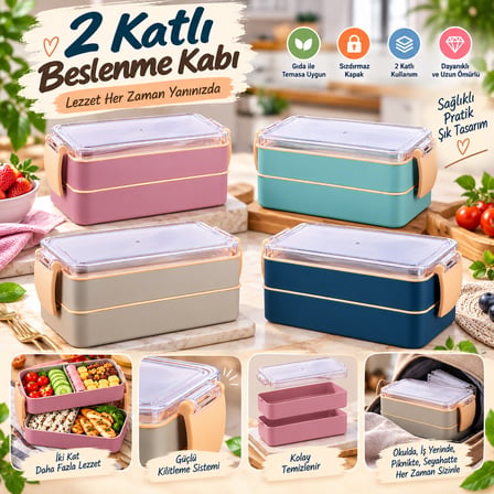 2 Katlı Bölmeli Sefer Tası / Beslenme Kabı (900ml) - Kaşık Çatal Setli, Sızdırmaz ve BPA İçermez