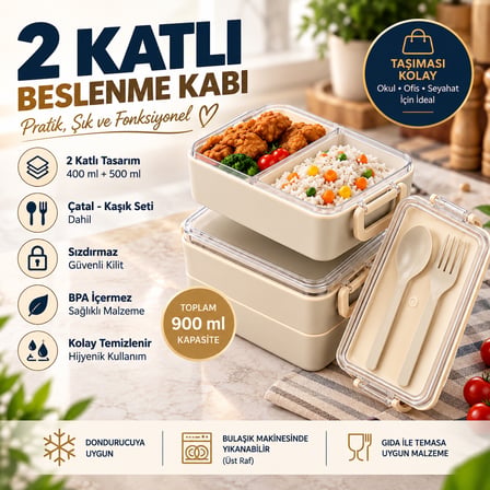 2 Katlı Bölmeli Sefer Tası / Beslenme Kabı (900ml) - Kaşık Çatal Setli, Sızdırmaz ve BPA İçermez